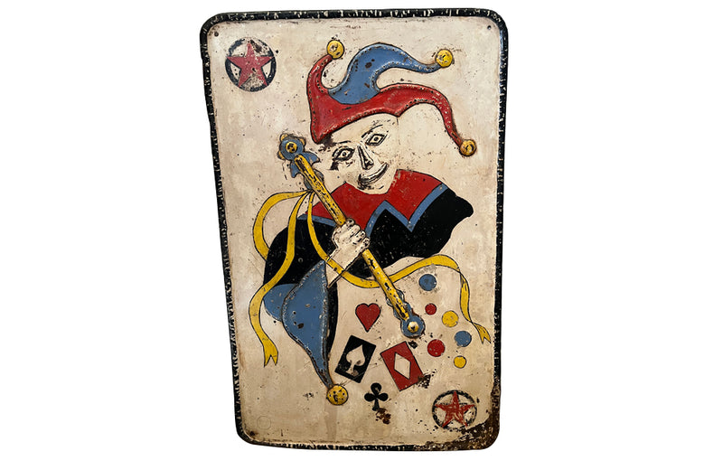 Mid century metal sign of a joker playing card fairground sign French