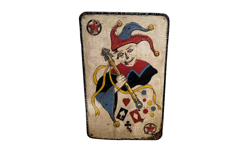 Mid century metal sign of a joker playing card fairground sign French