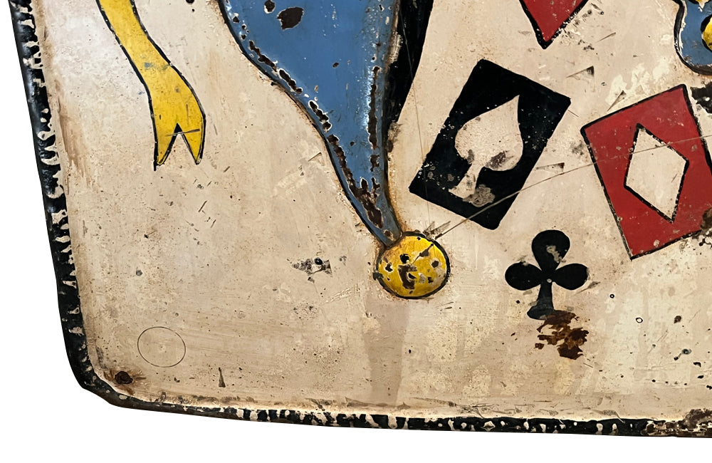 Mid century metal sign of a joker playing card fairground sign French
