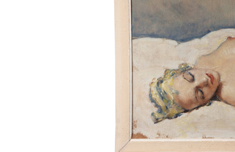Vintage oil painting Mid 20th Century French, signed oil on board painting of a reclining female nude by Himbert