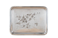 French mid century silver plate tray etched with a butterfly and blossoms.