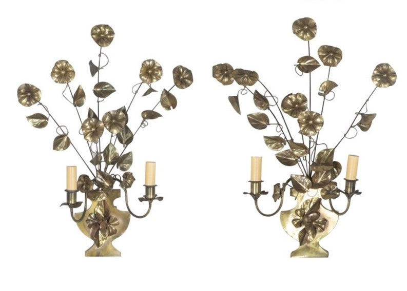 Mid-Century wall lights brass in the form of bouquets of convolulus flowers in urn vases. French. 
