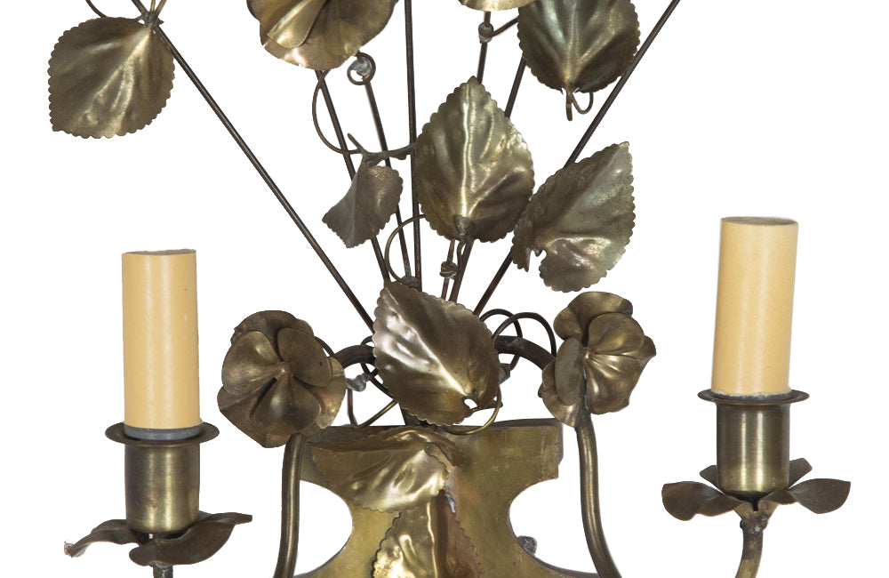 Mid-Century wall lights brass in the form of bouquets of convolulus flowers in urn vases. French.