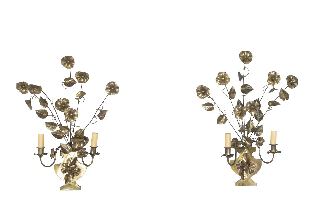 Mid-Century wall lights brass in the form of bouquets of convolulus flowers in urn vases. French.
