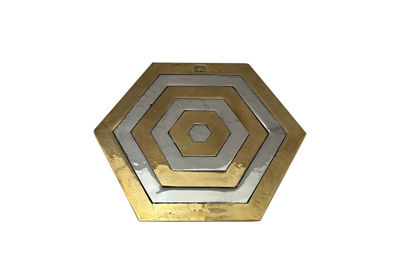 Mid century aluminium and brass brutalist table mat hexagonal salver by David Marshall.