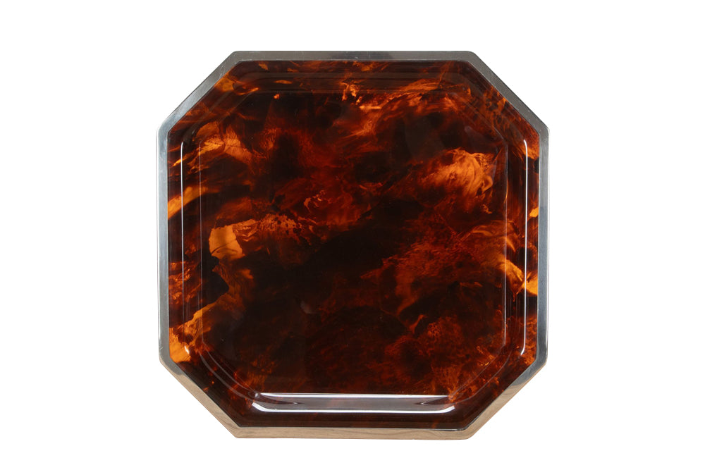 20th Century octagonal faux tortoiseshell lucite tray with chrome rim attributed to Dior Home - French Antiques