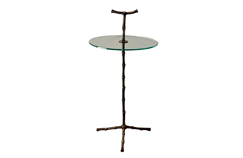 Mid-century side table /  martini table solid brass with glass table. 1960s French. By Maison Bagues. 