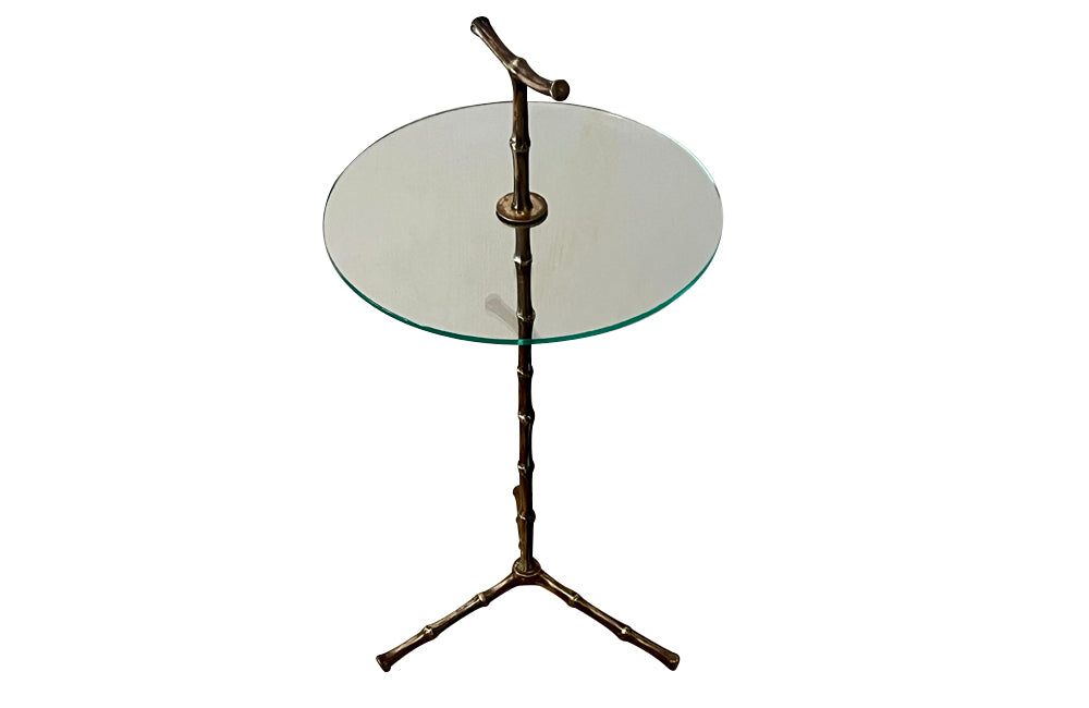 Mid-century side table /  martini table solid brass with glass table. 1960s French. By Maison Bagues. 