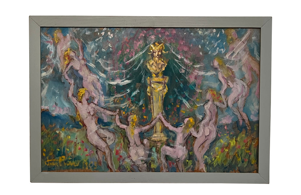 Mid century French painting on wood depicting forest nymphs dancing joyously around a bust of a satyr on a pedestal.