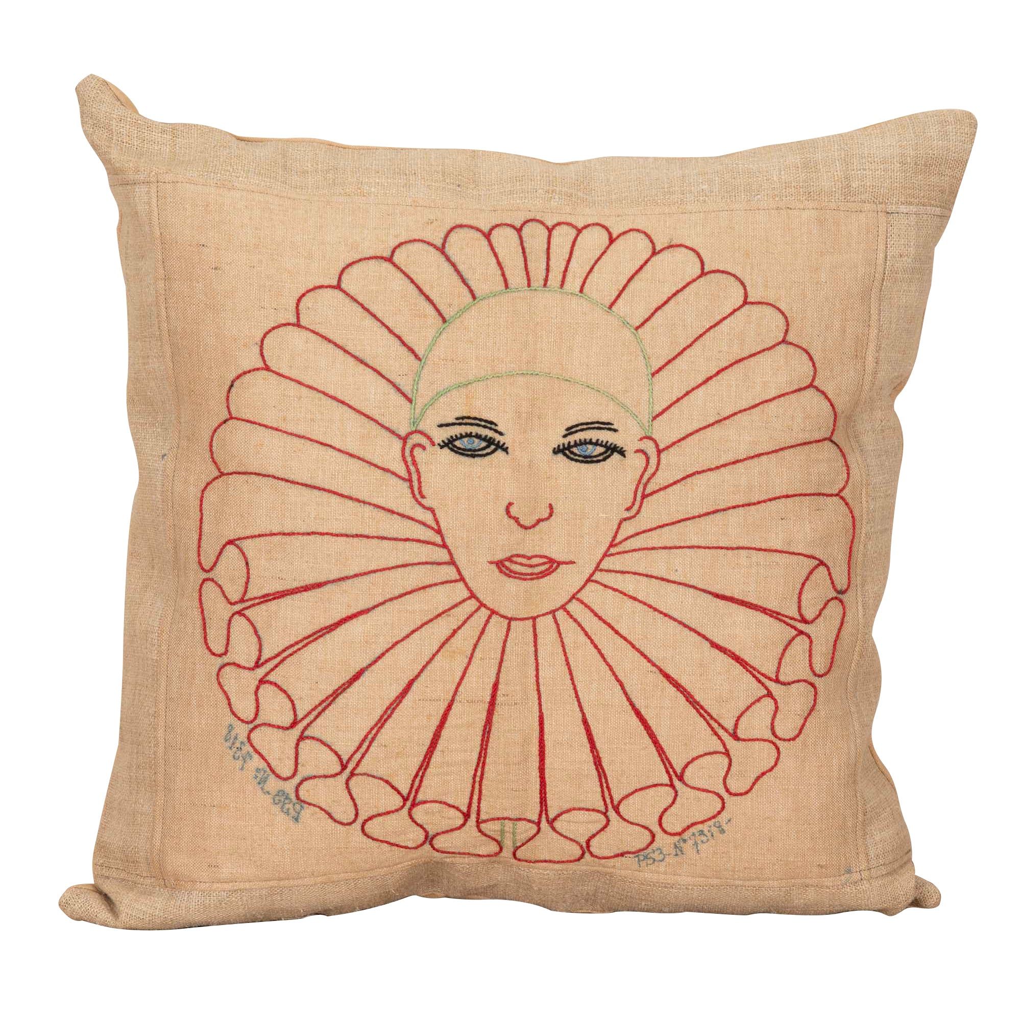 Mid-Century French Pierrot Embroidered Cushion