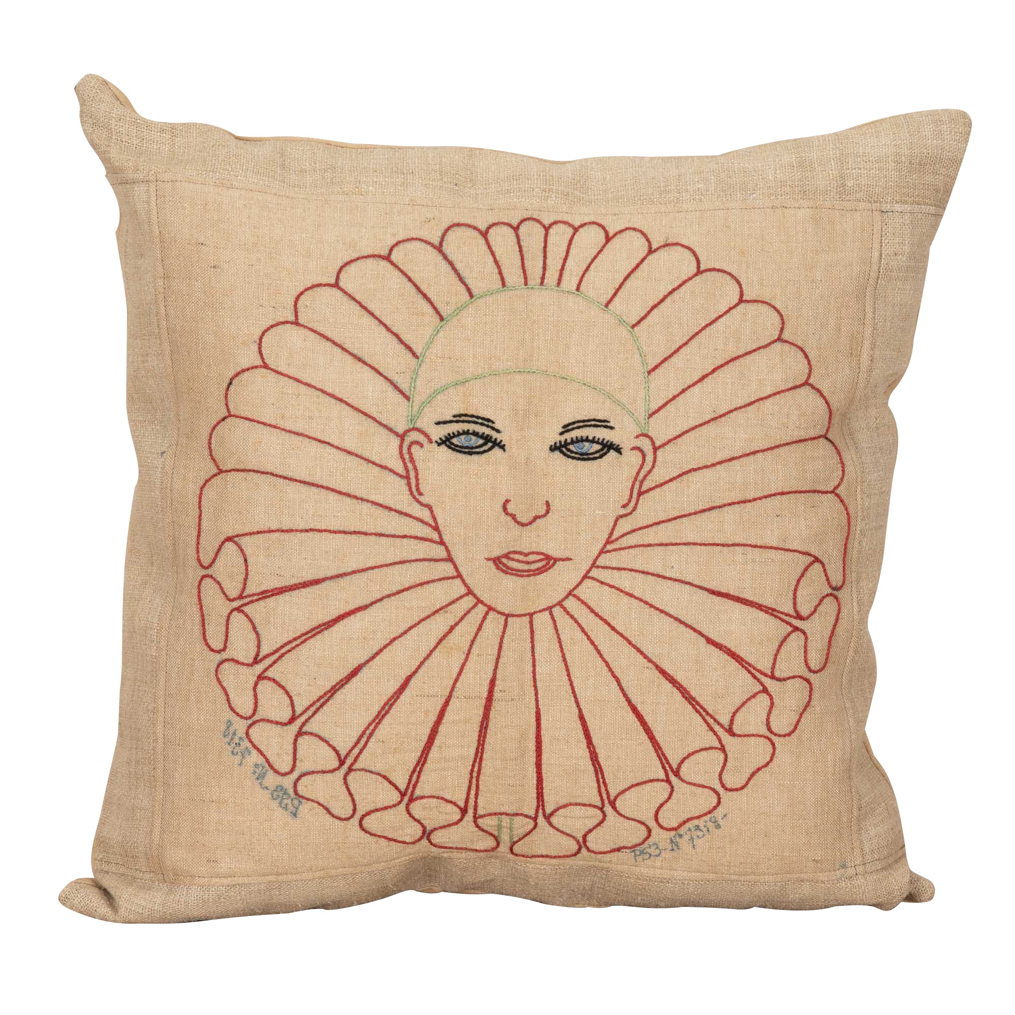 Mid-Century French Pierrot Embroidered Cushion