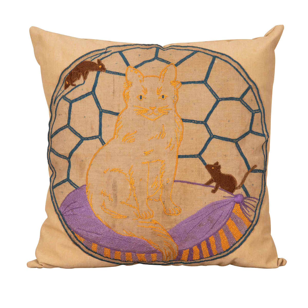 Charming vintage cushion featuring a hand-embroidered panel of a seated cat with playful mice, worked in colourful threads on linen with a geometric lattice background. 