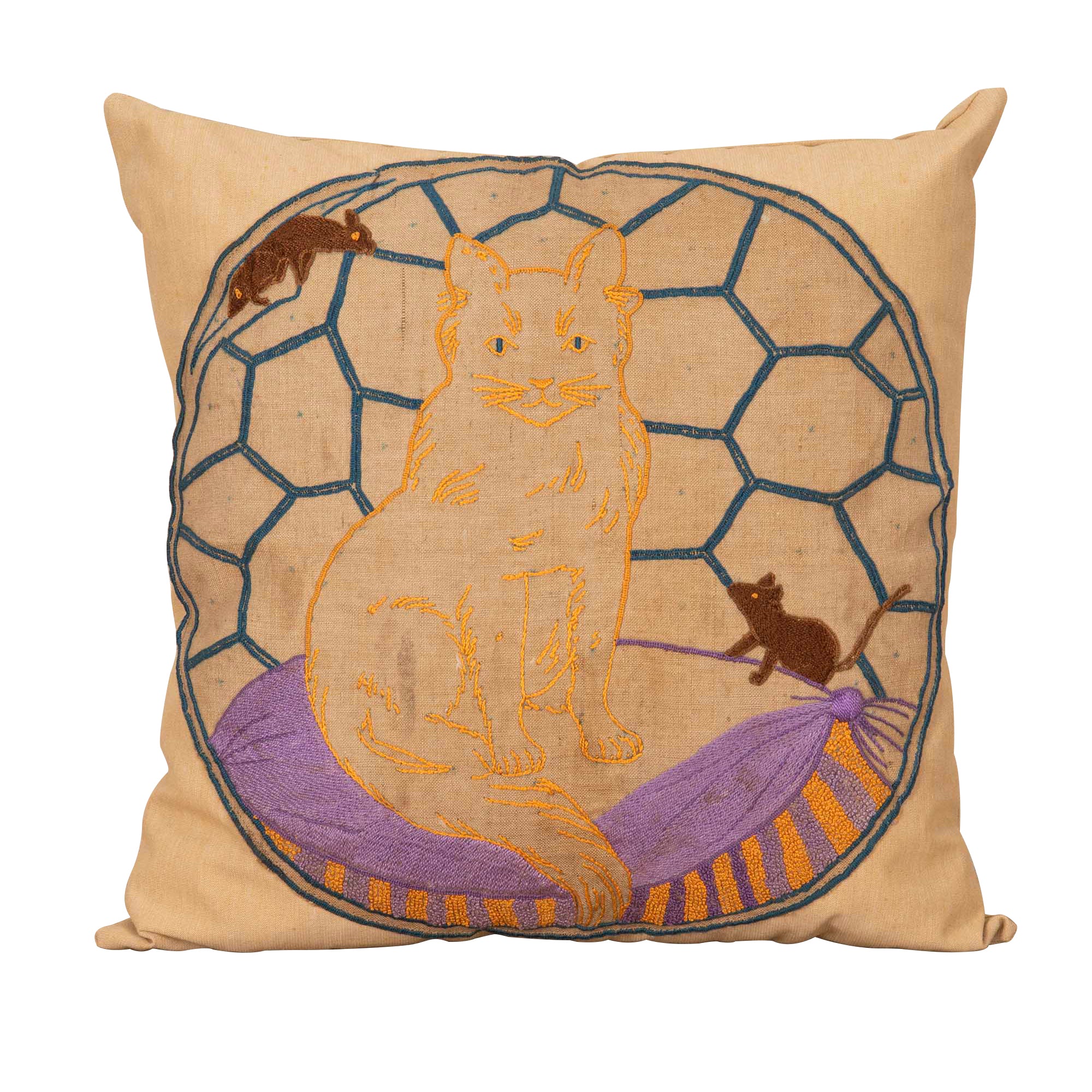 Charming vintage cushion featuring a hand-embroidered panel of a seated cat with playful mice, worked in colourful threads on linen with a geometric lattice background. 
