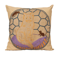 Charming vintage cushion featuring a hand-embroidered panel of a seated cat with playful mice, worked in colourful threads on linen with a geometric lattice background. 