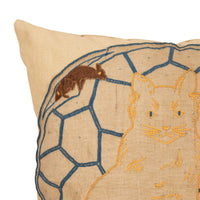 Charming vintage cushion featuring a hand-embroidered panel of a seated cat with playful mice, worked in colourful threads on linen with a geometric lattice background. 