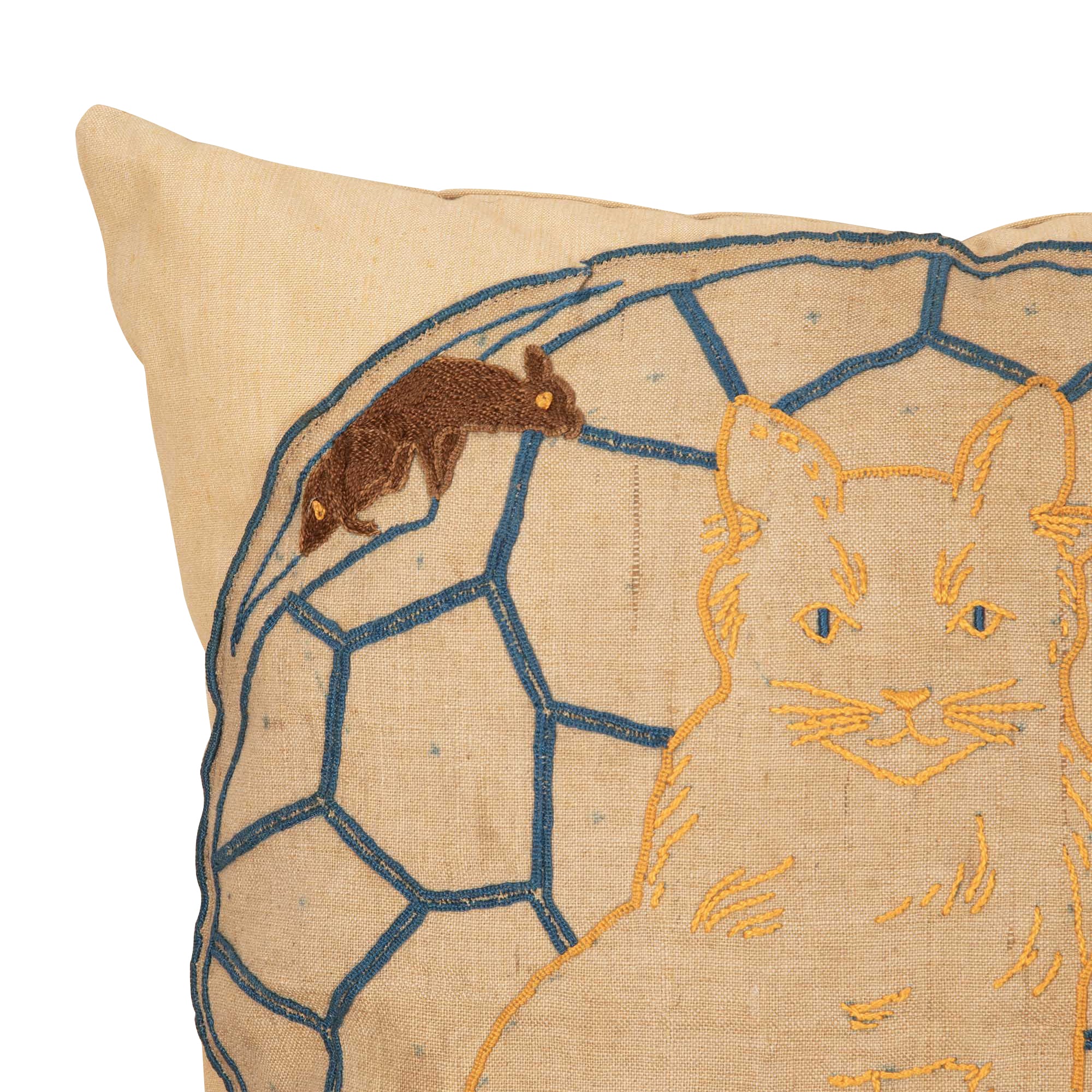 Charming vintage cushion featuring a hand-embroidered panel of a seated cat with playful mice, worked in colourful threads on linen with a geometric lattice background. 