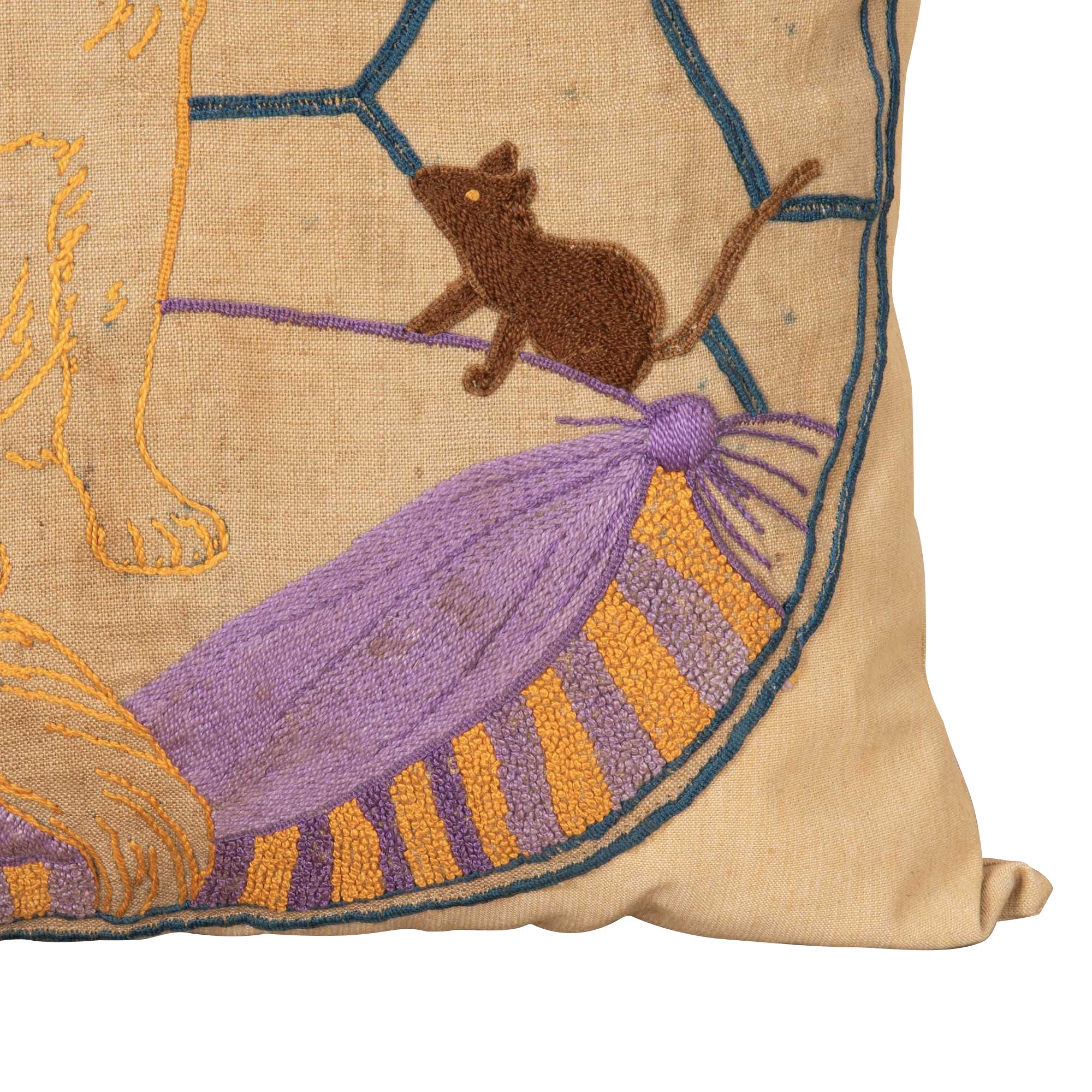 Charming vintage cushion featuring a hand-embroidered panel of a seated cat with playful mice, worked in colourful threads on linen with a geometric lattice background. 