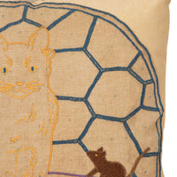 Charming vintage cushion featuring a hand-embroidered panel of a seated cat with playful mice, worked in colourful threads on linen with a geometric lattice background. 
