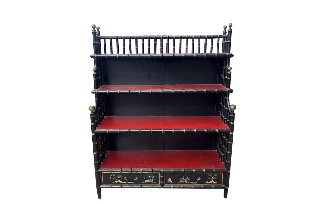 Large Mid- Century Hollywood Regency Faux Bamboo Étagère with Chinoiserie Drawers 