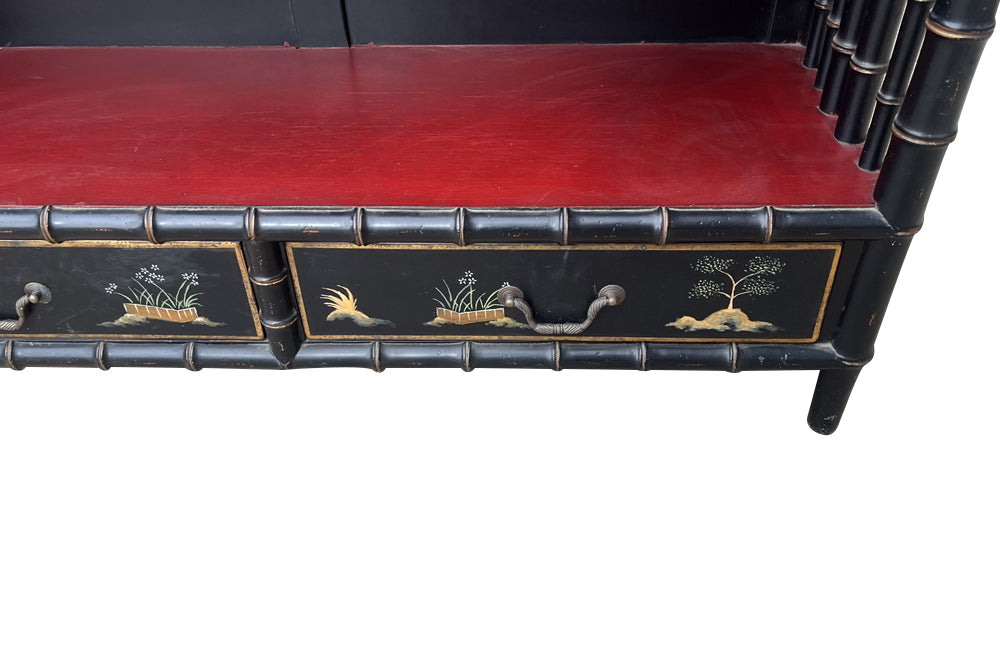 Large Mid- Century Hollywood Regency Faux Bamboo Étagère with Chinoiserie Drawers 