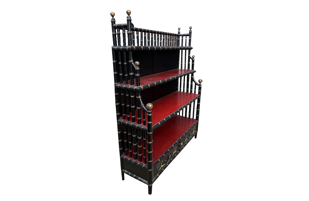 Large Mid- Century Hollywood Regency Faux Bamboo Étagère with Chinoiserie Drawers 