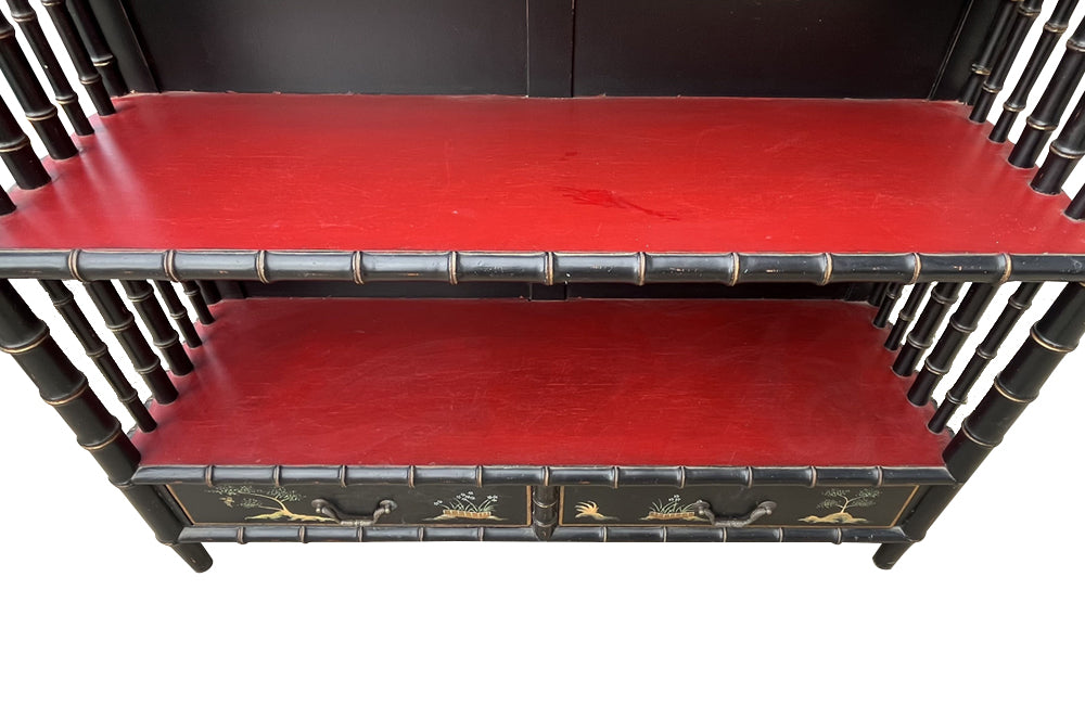 Large Mid- Century Hollywood Regency Faux Bamboo Étagère with Chinoiserie Drawers 