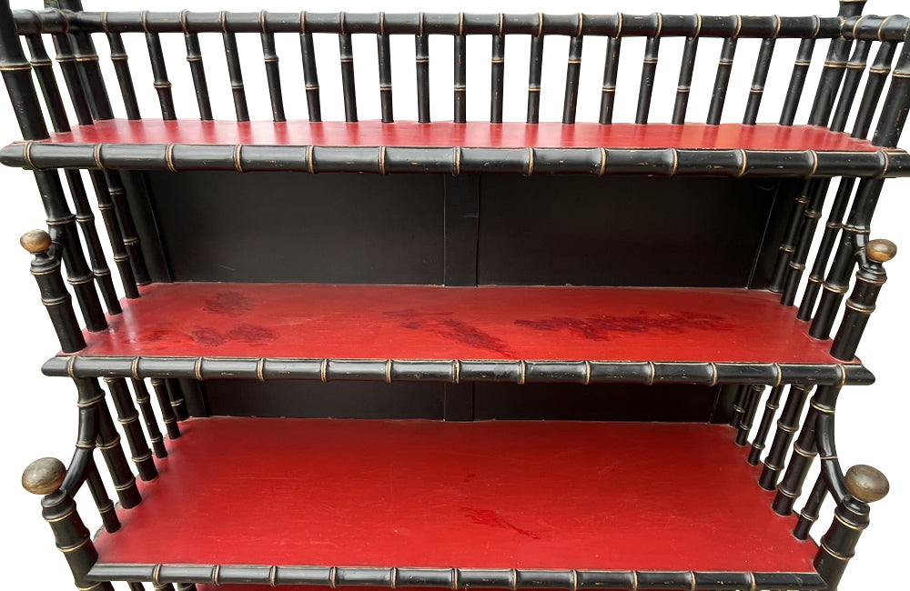 Large Mid- Century Hollywood Regency Faux Bamboo Étagère with Chinoiserie Drawers 