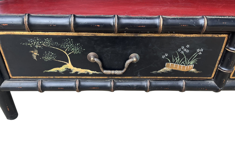 Large Mid- Century Hollywood Regency Faux Bamboo Étagère with Chinoiserie Drawers 