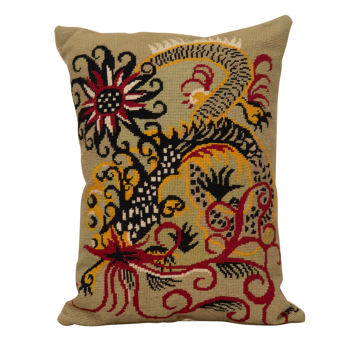 Mid-Century French wool needlepoint cushion featuring a striking stylised dragon or phoenix in red, black, cream, and golden tones.