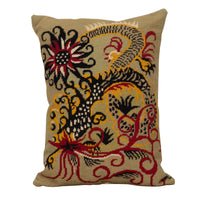 Mid-Century French wool needlepoint cushion featuring a striking stylised dragon or phoenix in red, black, cream, and golden tones.