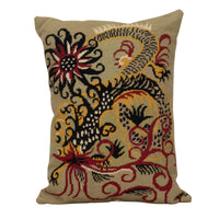 Mid-Century French wool needlepoint cushion featuring a striking stylised dragon or phoenix in red, black, cream, and golden tones.