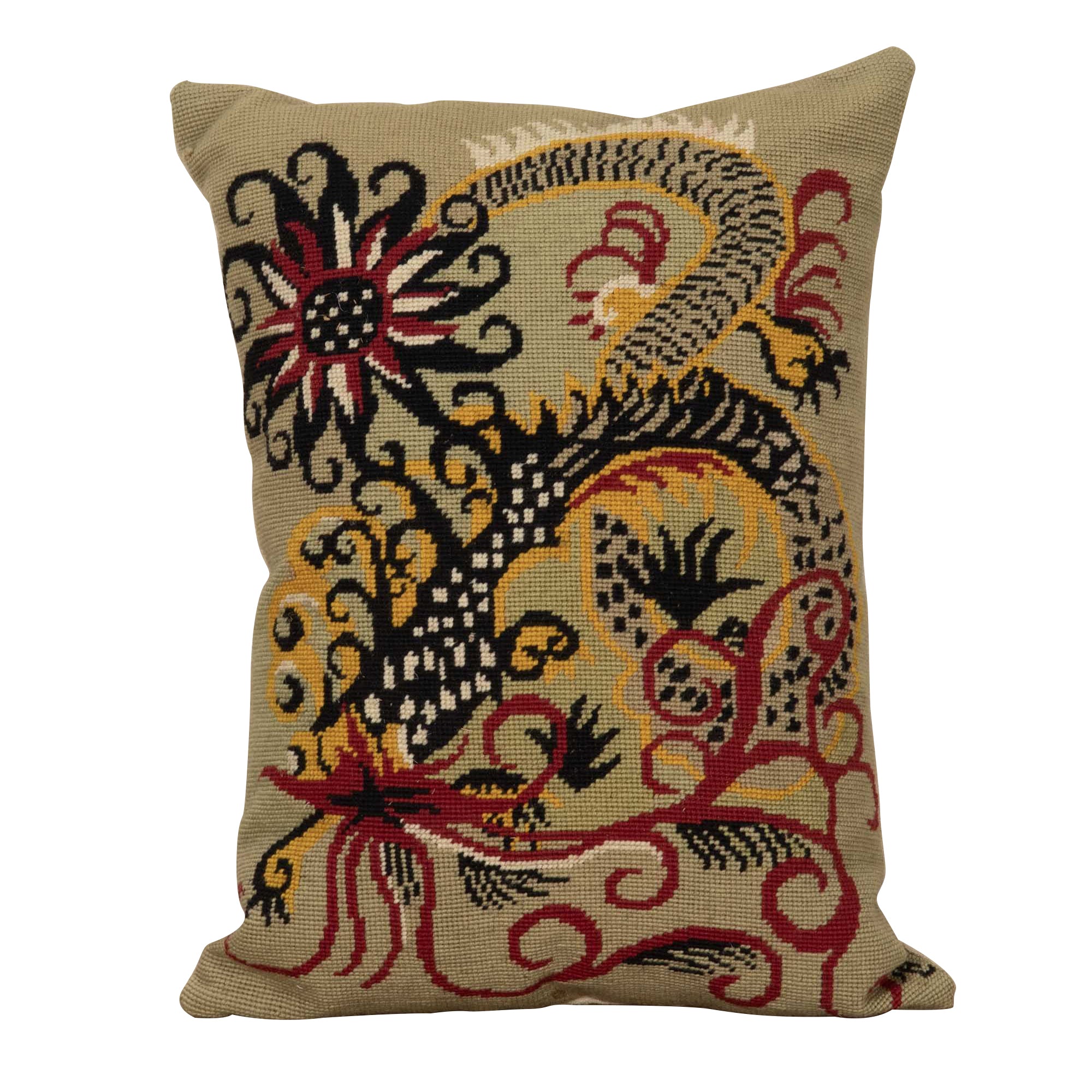 Mid-Century French wool needlepoint cushion featuring a striking stylised dragon or phoenix in red, black, cream, and golden tones.