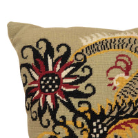 Mid-Century French wool needlepoint cushion featuring a striking stylised dragon or phoenix in red, black, cream, and golden tones.
