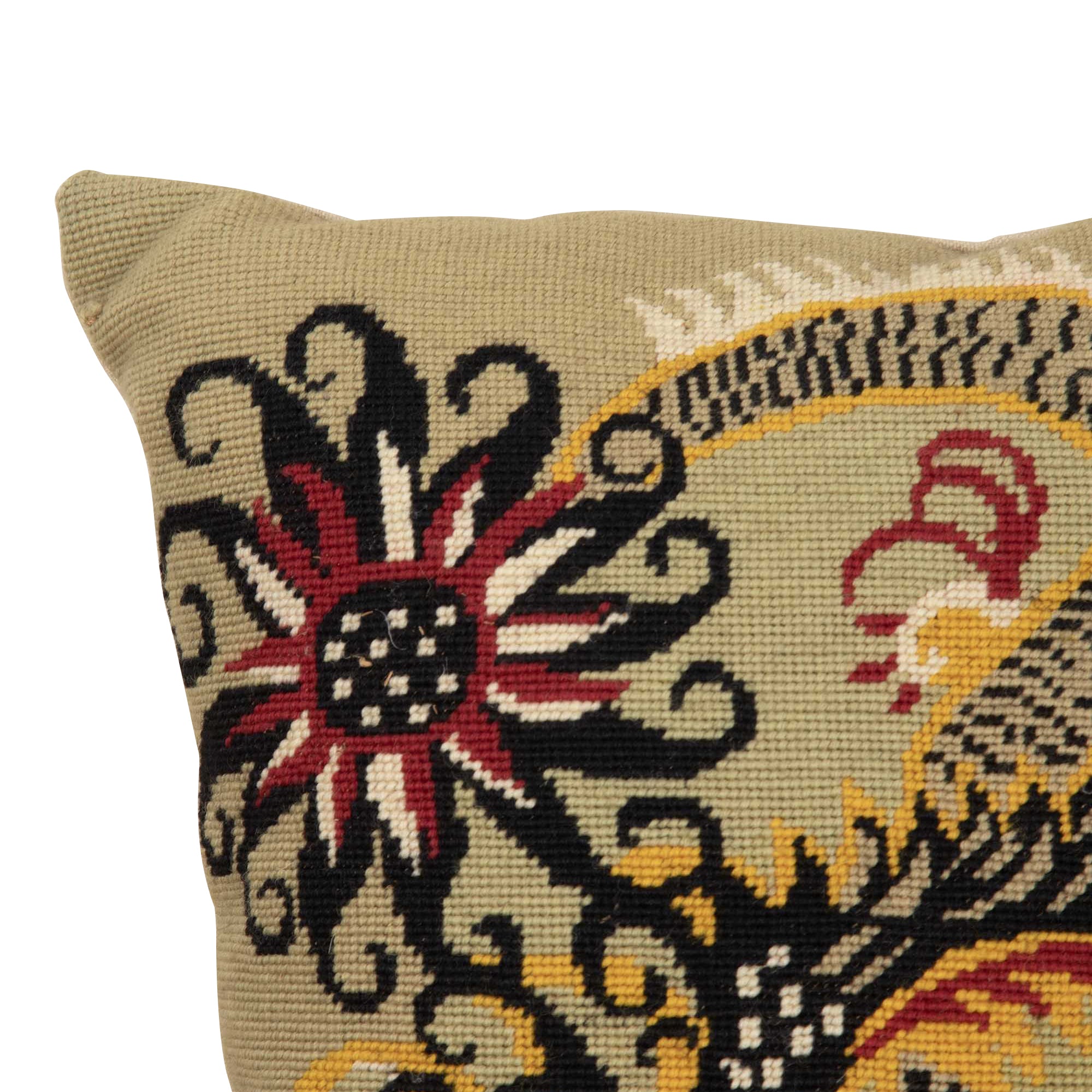 Mid-Century French wool needlepoint cushion featuring a striking stylised dragon or phoenix in red, black, cream, and golden tones.