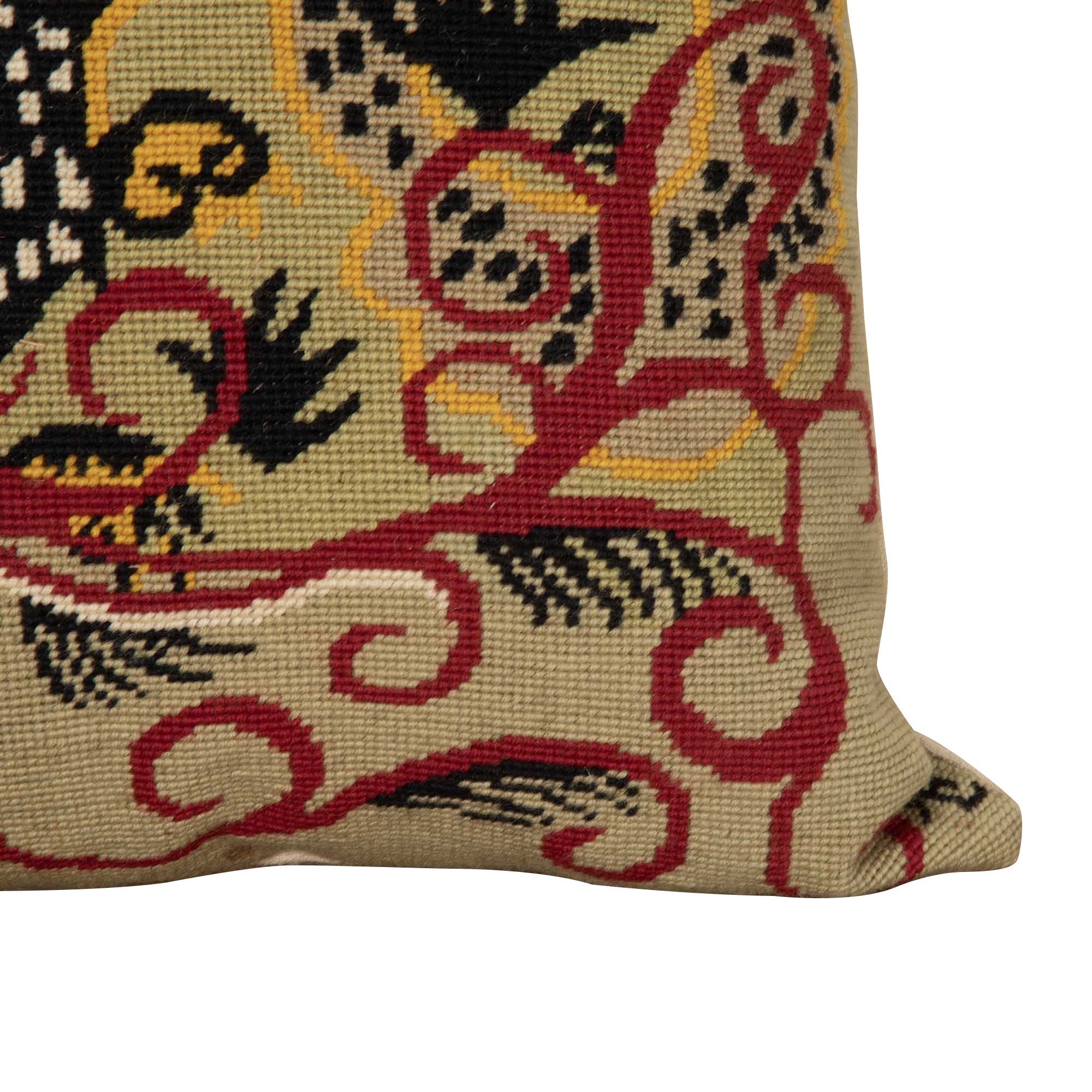 Mid-Century French wool needlepoint cushion featuring a striking stylised dragon or phoenix in red, black, cream, and golden tones.