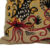 Mid-Century French wool needlepoint cushion featuring a striking stylised dragon or phoenix in red, black, cream, and golden tones.