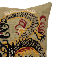 Mid-Century French wool needlepoint cushion featuring a striking stylised dragon or phoenix in red, black, cream, and golden tones.