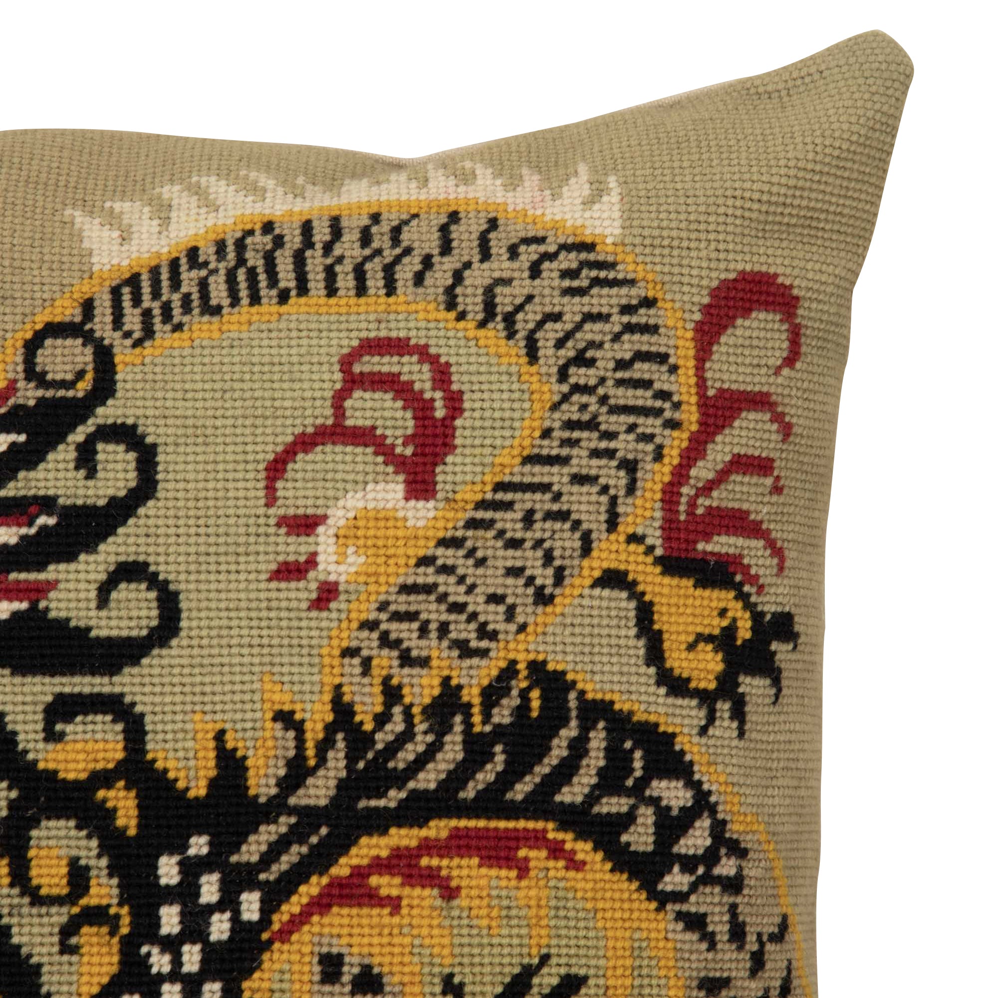Mid-Century French wool needlepoint cushion featuring a striking stylised dragon or phoenix in red, black, cream, and golden tones.