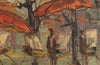 Mid-20th Century Italian oil on canvas painting of a group of artists working at their easels under the shade of parasols and trees.