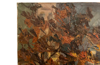 Mid-20th Century Italian oil on canvas painting of a group of artists working at their easels under the shade of parasols and trees.