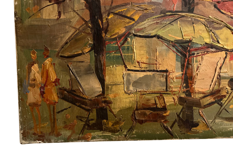 Mid-20th Century Italian oil on canvas painting of a group of artists working at their easels under the shade of parasols and trees.