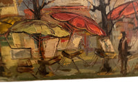 Mid-20th Century Italian oil on canvas painting of a group of artists working at their easels under the shade of parasols and trees.