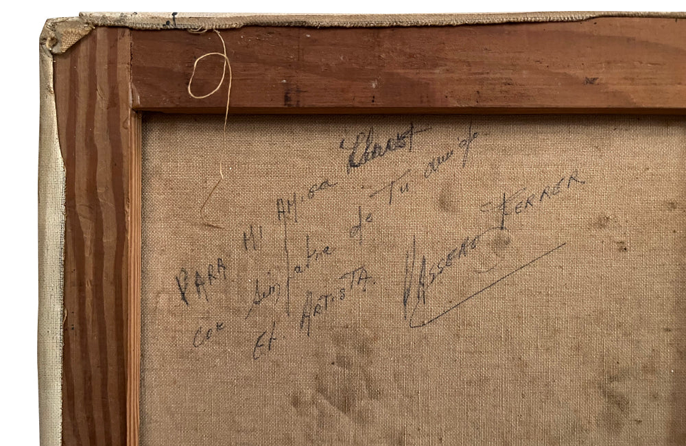 Mid-20th Century Italian oil on canvas painting of a group of artists working at their easels under the shade of parasols and trees.
