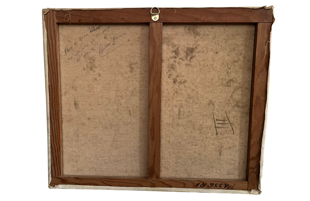 Mid-20th Century Italian oil on canvas painting of a group of artists working at their easels under the shade of parasols and trees.