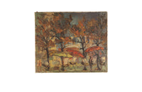 Mid-20th Century Italian oil on canvas painting of a group of artists working at their easels under the shade of parasols and trees.