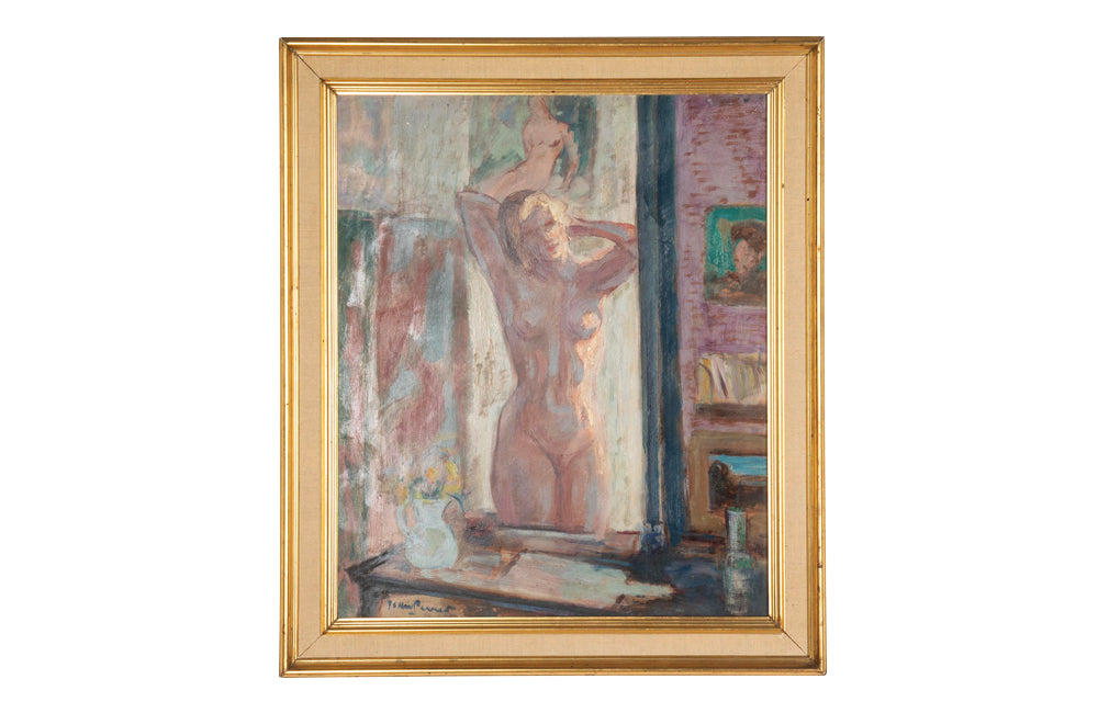 Mid-Century French Oil on Board Painting 'Standing Nude Reflected In Mirror' by Jean Perret
