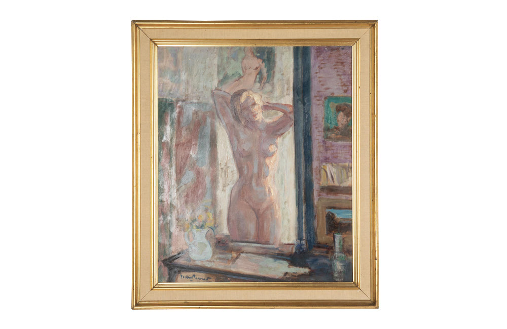 Mid-Century French Oil on Board Painting 'Standing Nude Reflected In Mirror' by Jean Perret