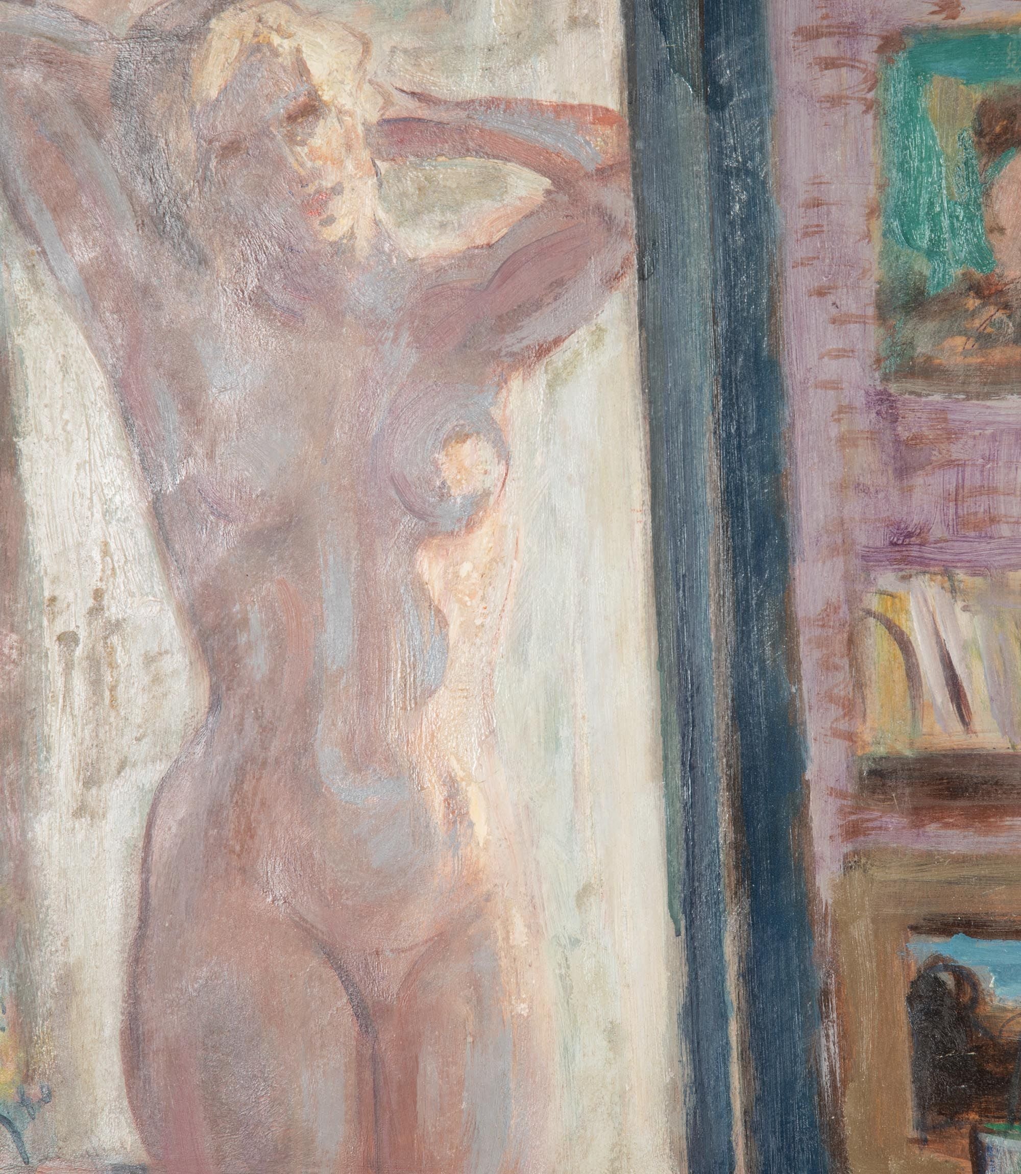 Mid-Century French Oil on Board Painting 'Standing Nude Reflected In Mirror' by Jean Perret