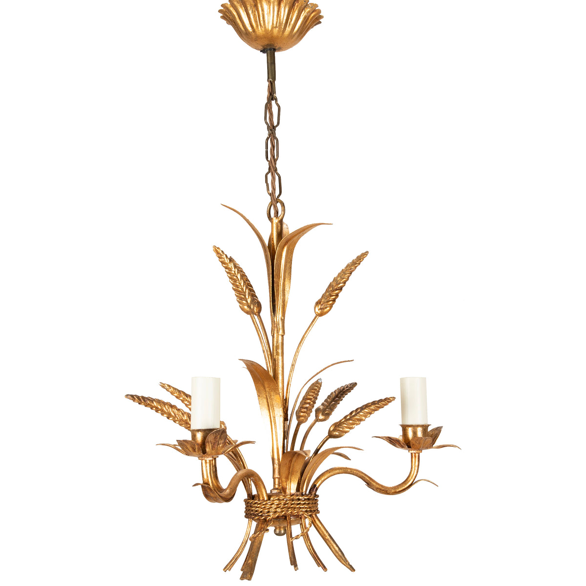 Mid-20th Century French gilt metal wheat sheaf chandelier with three arms