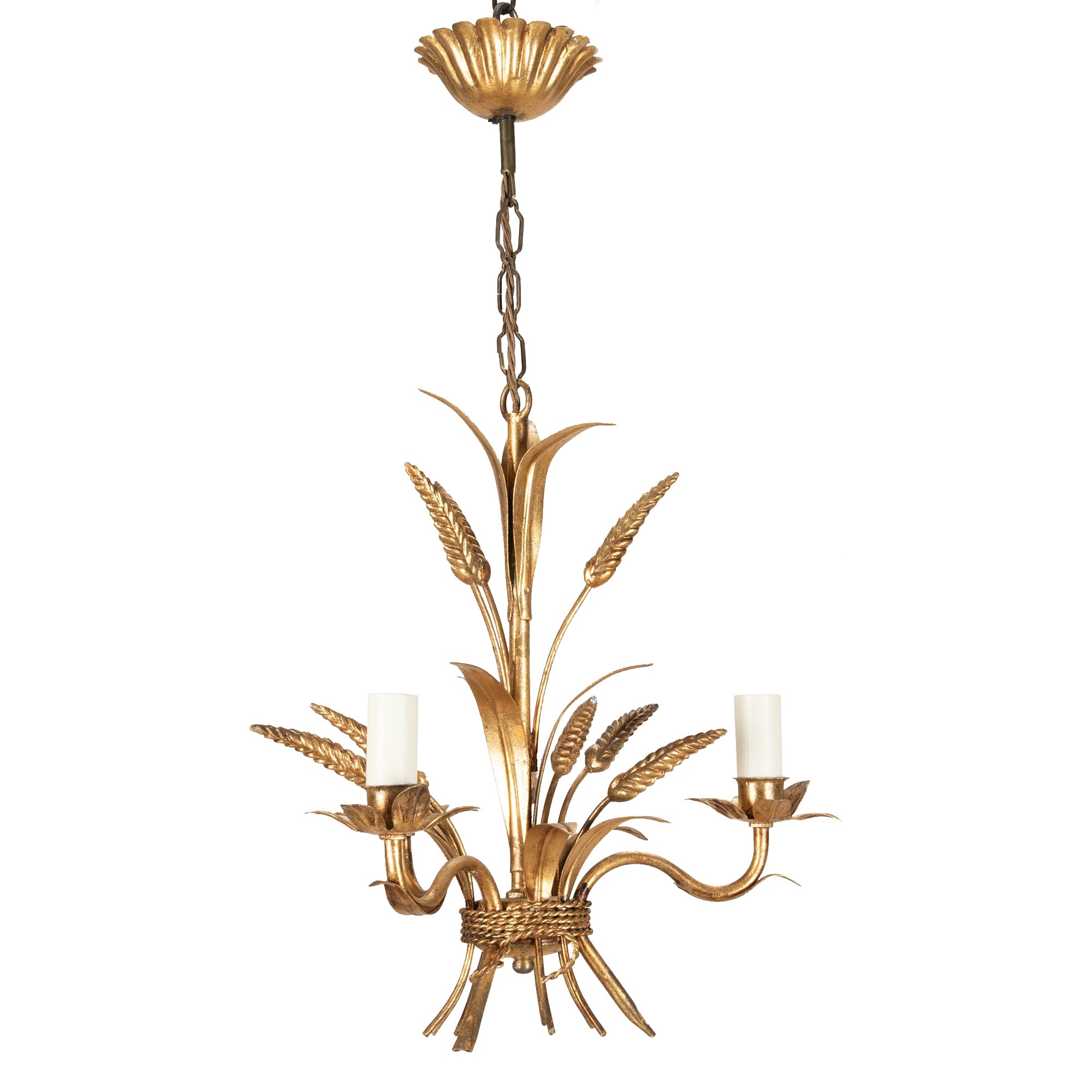Mid-20th Century French gilt metal wheat sheaf chandelier with three arms